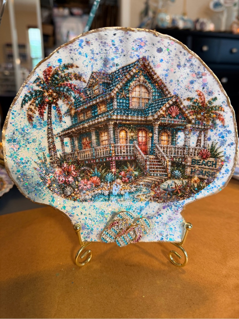 Coastal Beach House Decorative Shell Art with gold display stand - Blue